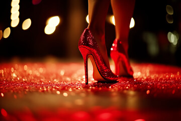 Red Glitter High-Heeled Shoes in Motion