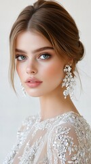 A beautiful young woman with light skin and elegant earrings, showcasing bridal makeup and a detailed lace gown.