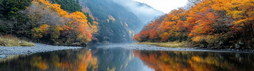 Fototapeta premium Autumn Serenity, a peaceful river mirrors vibrant foliage, golden and crimson leaves frame the water, embodying the essence of seasonal beauty and tranquility.