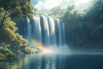 Majestic Waterfall Rainbow Scene Tranquil Forest Landscape