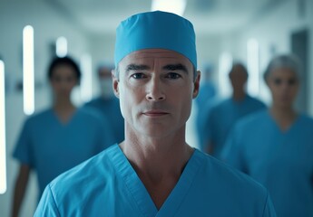 Surgeons in scrubs walking confidently through a hospital corridor while preparing for an important surgery procedure at midday