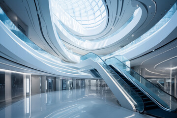 Fototapeta premium Futuristic shopping mall interior with glowing escalators