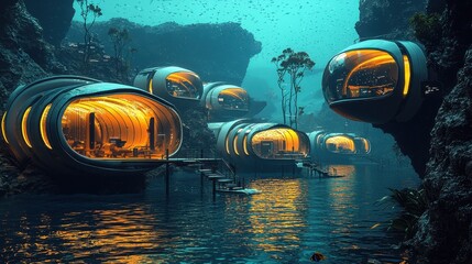 A glowing bioluminescent underwater research facility, where robotic submarines explore vibrant marine ecosystems. The futuristic environment blends technology with the mysteries of the ocean 