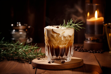 Creamy coffee cocktail with rosemary garnish on rustic wooden table