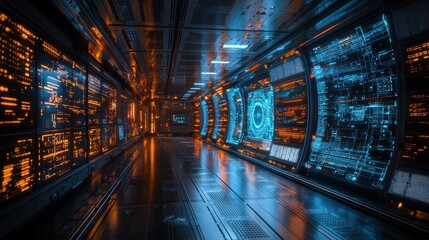 A glowing quantum computing lab with translucent circuits and dynamic energy flows displayed on futuristic panels. Researchers analyze the outputs in a serene, high-tech environment 