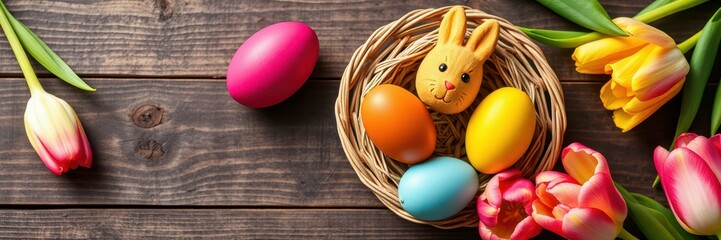 Colorful Easter eggs and flowers arranged in a nest tell a festive spring story