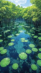 Serene Mangrove Forest with Water Lilies: A Stunning Tropical Ecosystem