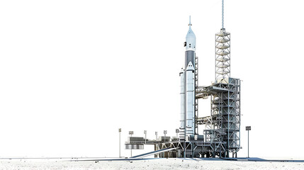 Rocket ready for launch on a modern space launch pad with towering structures, isolated on white 
