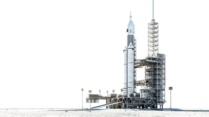 Rocket ready for launch on a modern space launch pad with towering structures, isolated on white 