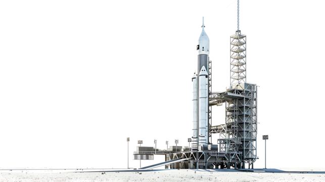 Rocket ready for launch on a modern space launch pad with towering structures, isolated on white 