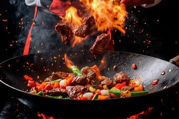 Flavors ignite as sizzling beef leaps from the pan in a culinary spectacle. Generative AI