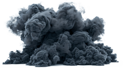 Dramatic black smoke forming complex shapes and textures, isolated on white, high contrast 