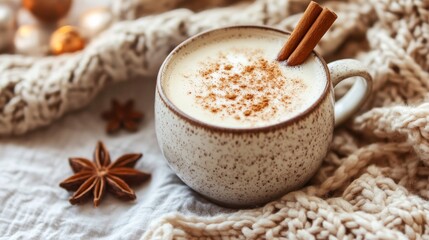 Photo of, A cozy cup of chai latte served with a sprinkle of cinnamon and a cinnamon stick stirrer, Chai latte presented in a ceramic mug with frothy milk