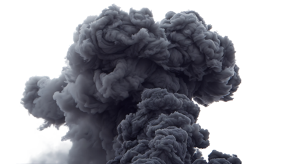 Dramatic black smoke forming complex shapes and textures, isolated on white, high contrast 