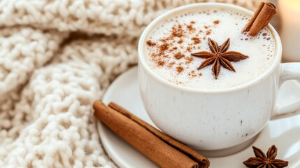 Photo of, A cozy cup of chai tea latte served with a cinnamon stick and star anise, Chai tea latte presented in a ceramic mug with a saucer