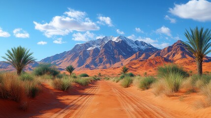desert oasis scenery, nature's majestic beauty, desert mountain road, red sand dunes, dramatic mountain ranges, mountain desert landscape, desert mountain majesty, desert mountain hiking, desert