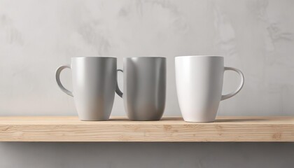 Fototapeta premium Monochromatic cup on wooden shelf against plain white background, tableware, elegant tones