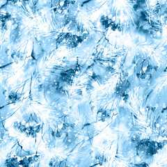 Watercolor seamless Vintage art pattern.With a picture - a branch of spruce. Pine, fir-tree and cedar. pattern of pine branches. Watercolor viburnum, rowan and elder branches seamless pattern