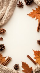 A cozy autumn composition featuring fallen leaves, pine cones, cinnamon sticks, and warm knit fabric, evoking the essence of fall warmth and nostalgia.