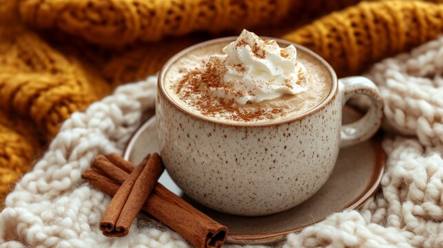 Photo of, A cozy cup of cinnamon vanilla latte served with a cinnamon stick and whipped cream, Cinnamon vanilla latte presented in a ceramic mug with a saucer