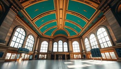 Obraz premium Architectural details of a grand building with an ornate teal and gold ceiling and large arched windows