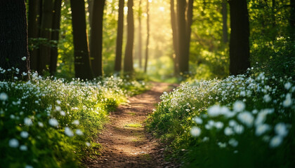 A scenic forest path winding through a lush green landscape filled with blooming wildflowers. The na