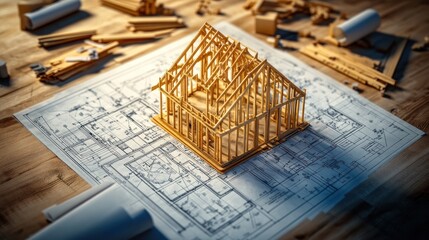 House Construction: Blueprint and Wooden Frame Model