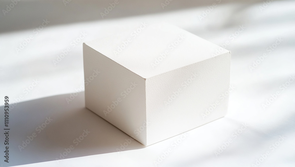 Poster Minimalist white cube placed on a surface with natural light casting soft shadows