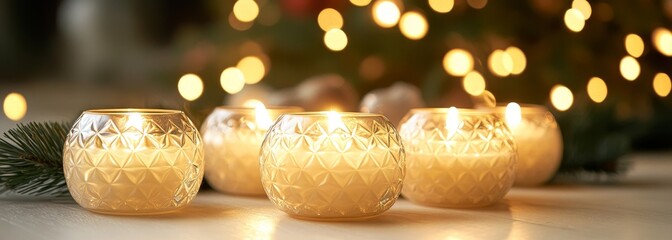 Obraz premium Festive small candles lit composition background