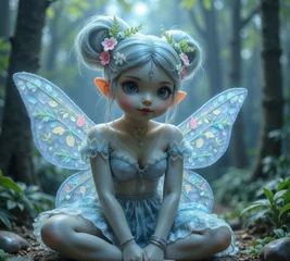 En el corazón de un bosque mágico, una hada de fantasía despliega sus coloridas alas en medio de una exuberante vegetación 