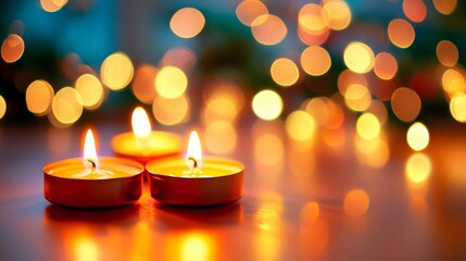 Festive small candles lit composition background