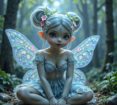 En el coraz&oacute;n de un bosque m&aacute;gico, una hada de fantas&iacute;a despliega sus coloridas alas en medio de una exuberante vegetaci&oacute;n
