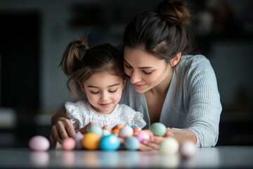 Naklejka premium A tender moment between a mother and daughter as they carefully paint and decorate a collection of colorful Easter eggs, signifying family togetherness and creativity.