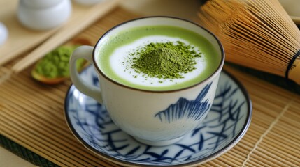 Photo of, A cozy cup of matcha latte served with frothy milk and a dusting of matcha powder, Matcha latte presented in a ceramic mug with a saucer