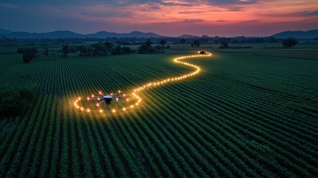 A smart farm with automated irrigation systems and glowing drone paths illuminating the fields at dusk. The harmonious integration of technology and agriculture emphasizes efficiency and sustainabilit