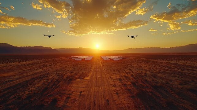 A solar farm with reflective panels stretching across a vast desert landscape, with drones monitoring efficiency under a golden sunset. The scene highlights sustainability and the power of renewable 