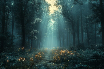 Fototapeta premium Mystical Forest Path Illuminated By Glowing Fireflies