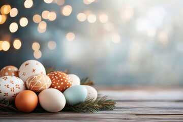 Fototapeta premium A collection of intricately designed Easter eggs, featuring a mix of patterns and colors, are beautifully arranged on a wreath, in a soft-focus setting with warm lighting.