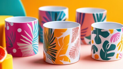 Colorful and stylish cups featuring tropical designs arranged attractively on a vibrant background