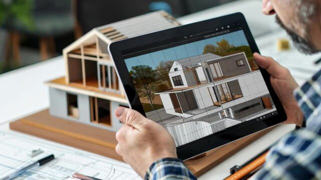 An architect examines a digital 3D design on a tablet while surrounded by a physical architectural model, showcasing the creative process
