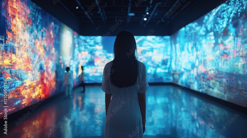 Wall mural a tech-driven art gallery with digital canvases displaying shifting holographic masterpieces. visito