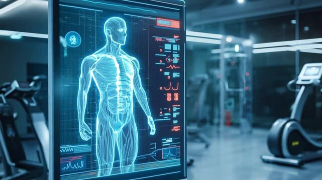 Advanced anatomical visualization in a modern gym, highlighting futuristic fitness equipment and the focus on health and wellness