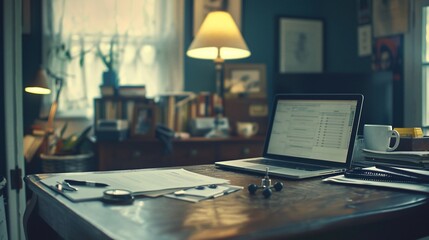 Cozy home office with laptop, documents, and desk lamp.