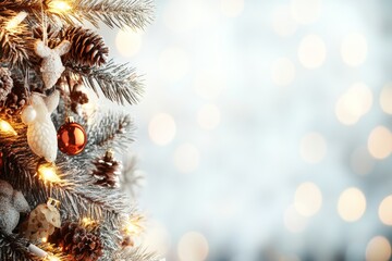 Obraz premium A partially focused image of a snow-covered Christmas tree adorned with pine cones, festive lights, and baubles, evoking a sense of warmth and holiday cheer.