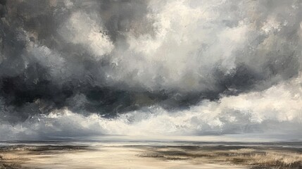 Abstract Painting of a Seascape with Grey Clouds and a Horizon