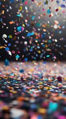 Obraz premium Colorful confetti falls gracefully to the ground during a lively celebration at a vibrant party taking place in the evening hours
