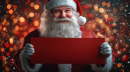 Santa Claus holds a blank red sign in front of a vibrant background filled with colorful holiday lights during a festive celebration