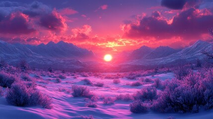 A breathtaking winter sunrise over a snow-capped mountain range, showcasing a breathtaking landscape with frosted plants. A picturesque winter wonderland scene, perfect for wallpapers and displays.