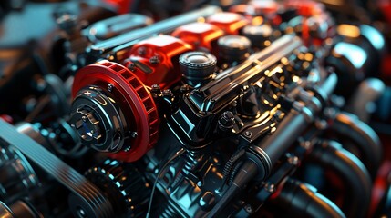 Close-up of a powerful, high-performance V8 engine with red and black components.