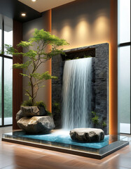 Cosmetic Spa product display podium mock up background, nature with stone table on waterfall background, relaxing beauty atmosphere, ad, podium platform, product presentation space